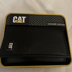 CAT caterpillar men’s black leather trifold wallet w/RFID protection shield Tin